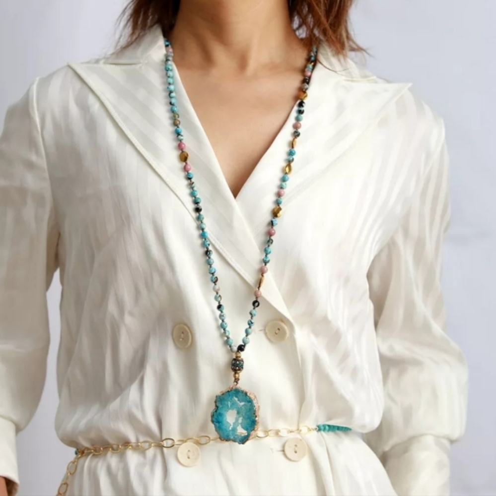 Natural Stone Onyx Druzy Long Necklace